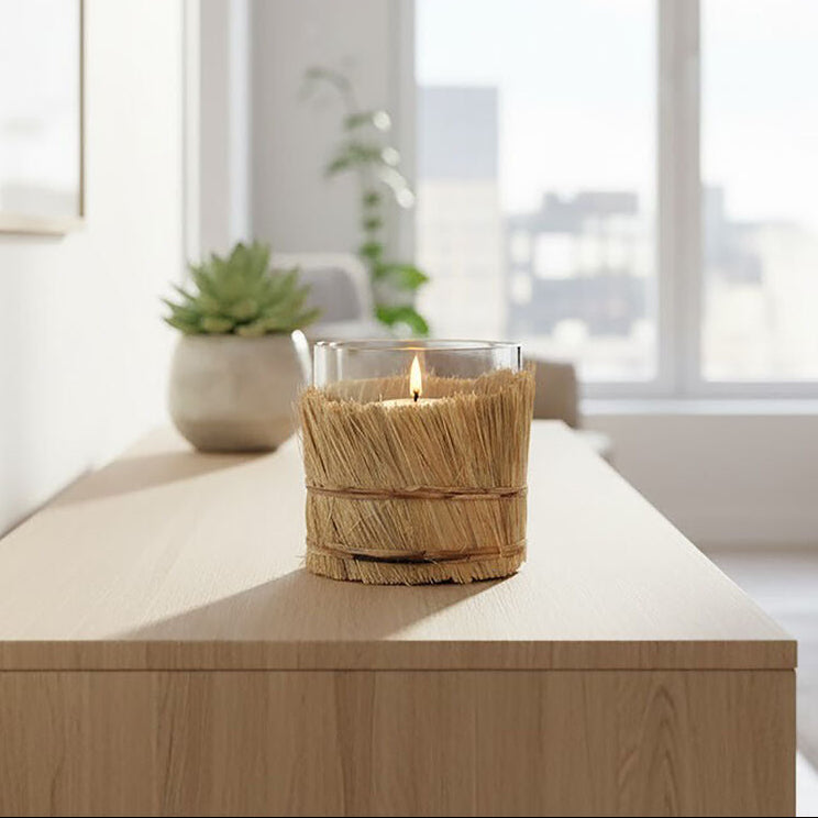 Orsina Kuta Small Glass Candle Holder with Natural Raffia Wrap