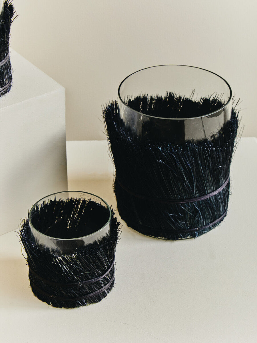 Orsina Kuta Black Large Candle Holder | Raffia and Glass Centerpiece