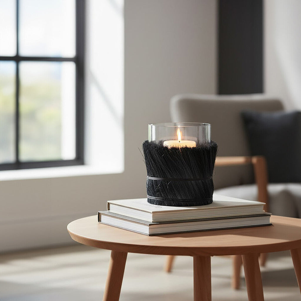 Orsina Kuta Black Large Candle Holder | Raffia and Glass Centerpiece