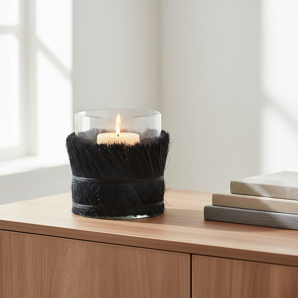 Orsina Kuta Black Raffia and Glass Candle Holder – Medium Table Centerpiece