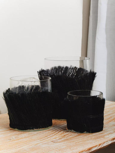 Orsina Kuta Black Candle Holder – Small Glass and Raffia Lantern