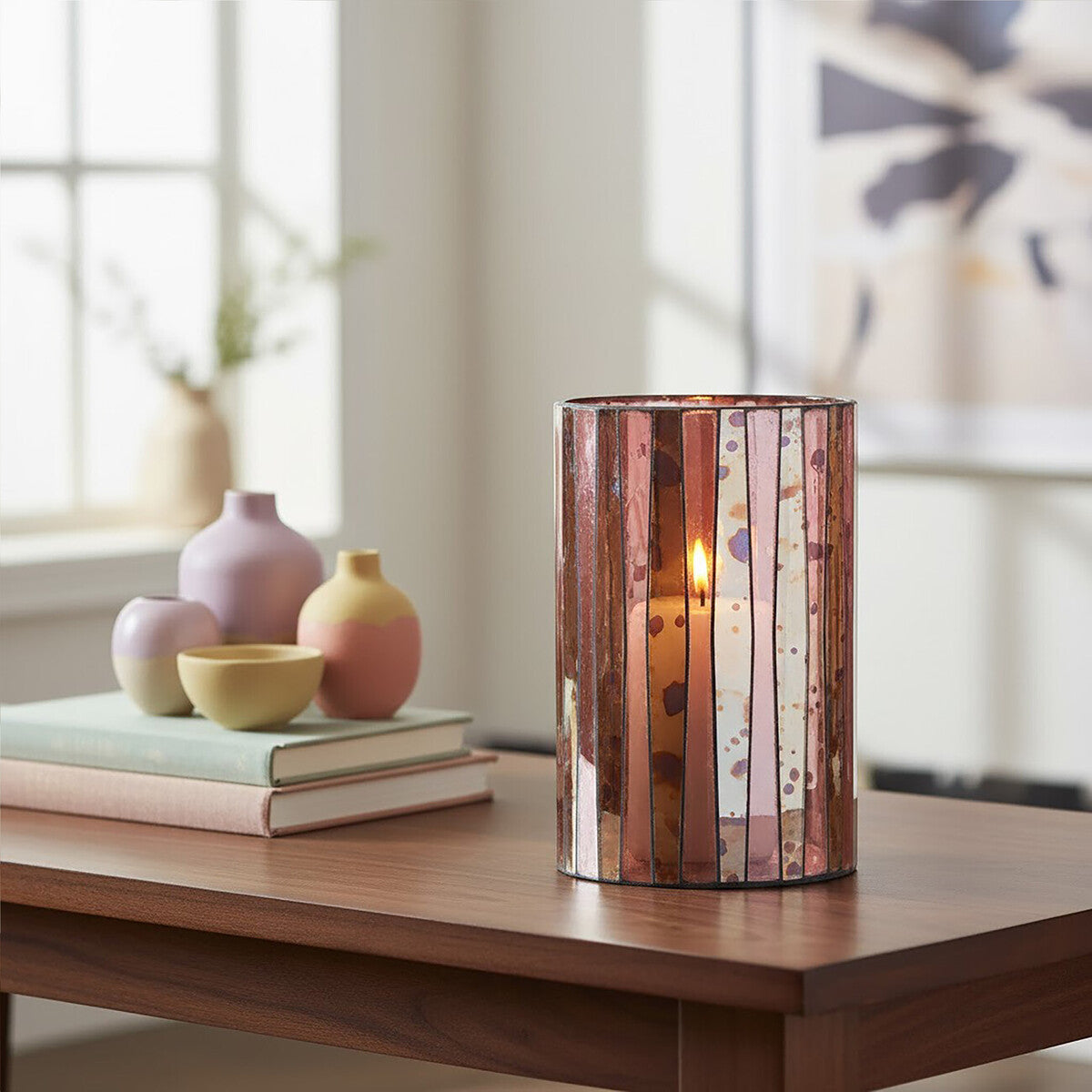 Orsina Gaia Pink Mosaic Glass Large Pillar Candle Holder – Antique Finish