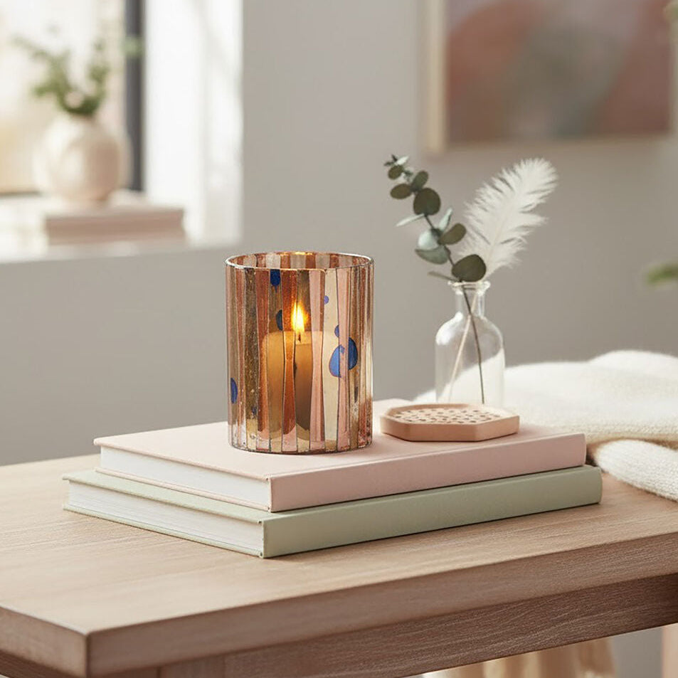 Orsina Gaia Pink Antique Mosaic Glass Small Candle Holder | 10cm