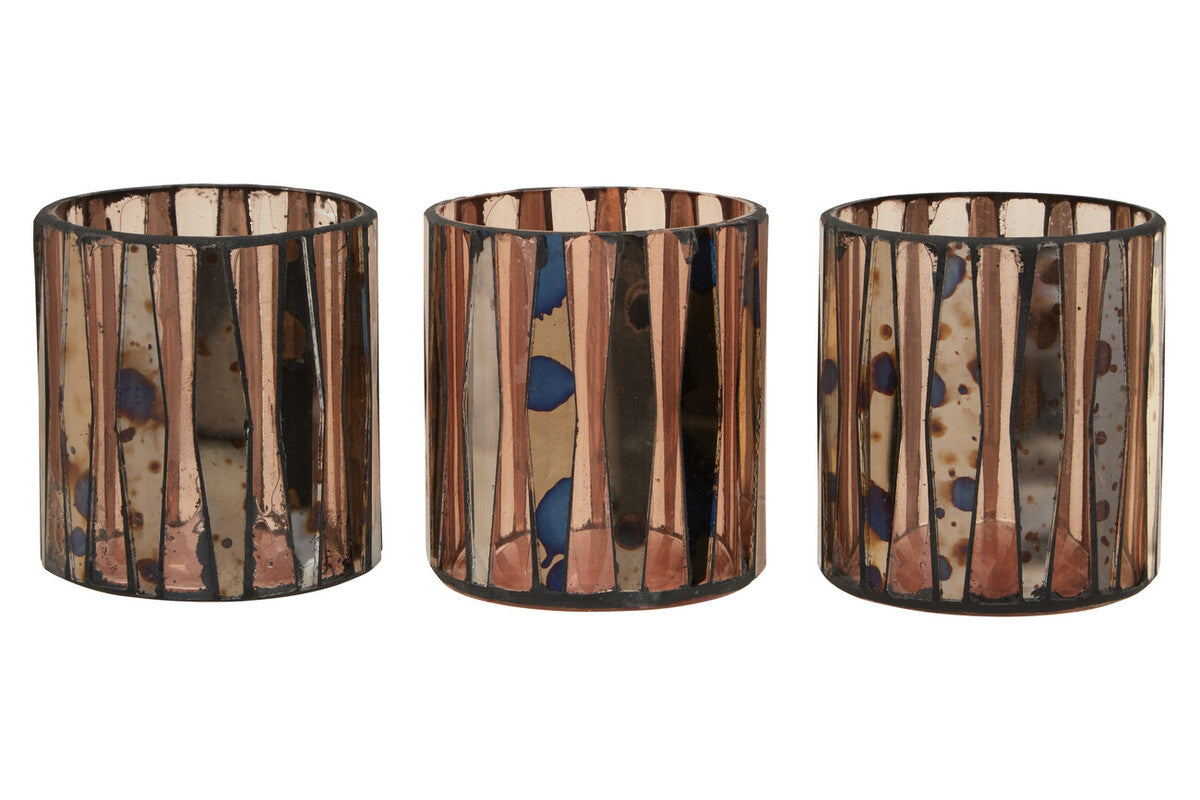 Orsina Gaia Pink Mosaic Glass Tealight Holders – Set of 3 Antique Finish