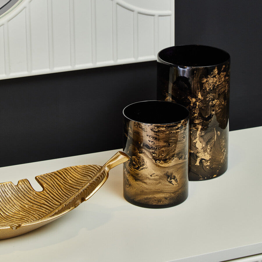 Orsina Gaia Black and Gold Marble Effect Glass Large Candle Holder