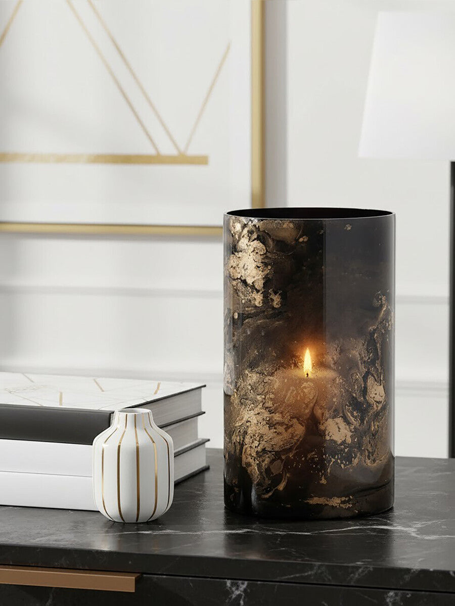 Orsina Gaia Black and Gold Marble Effect Glass Large Candle Holder