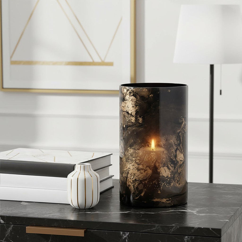 Orsina Gaia Black and Gold Marble Effect Glass Large Candle Holder
