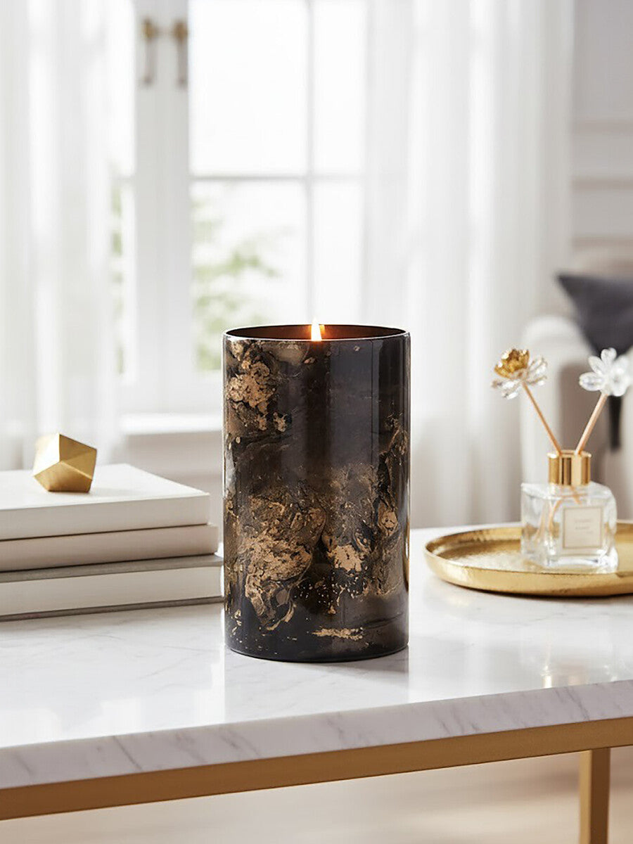 Orsina Gaia Black and Gold Marble Effect Glass Large Candle Holder
