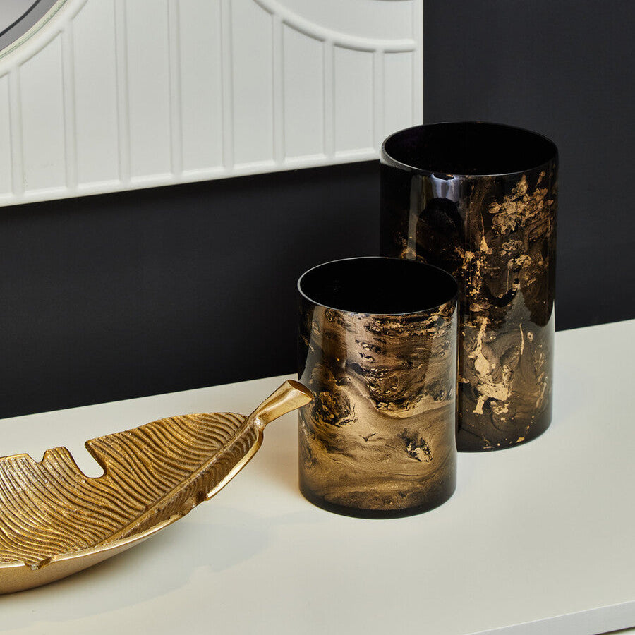Orsina Gaia Black and Gold Marble Effect Glass Small Candle Holder