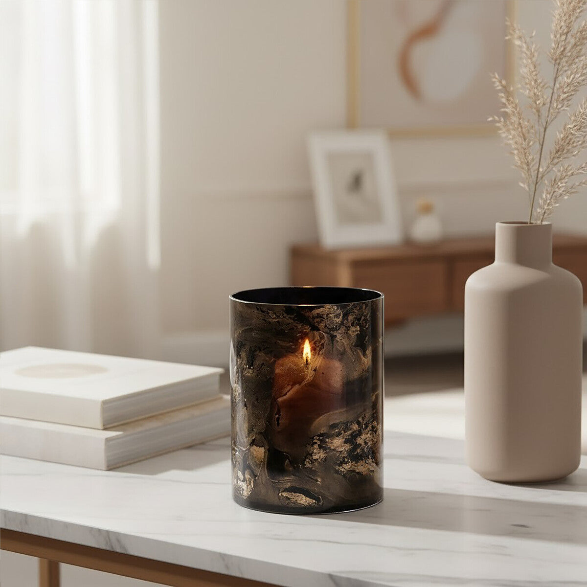 Orsina Gaia Black and Gold Marble Effect Glass Small Candle Holder