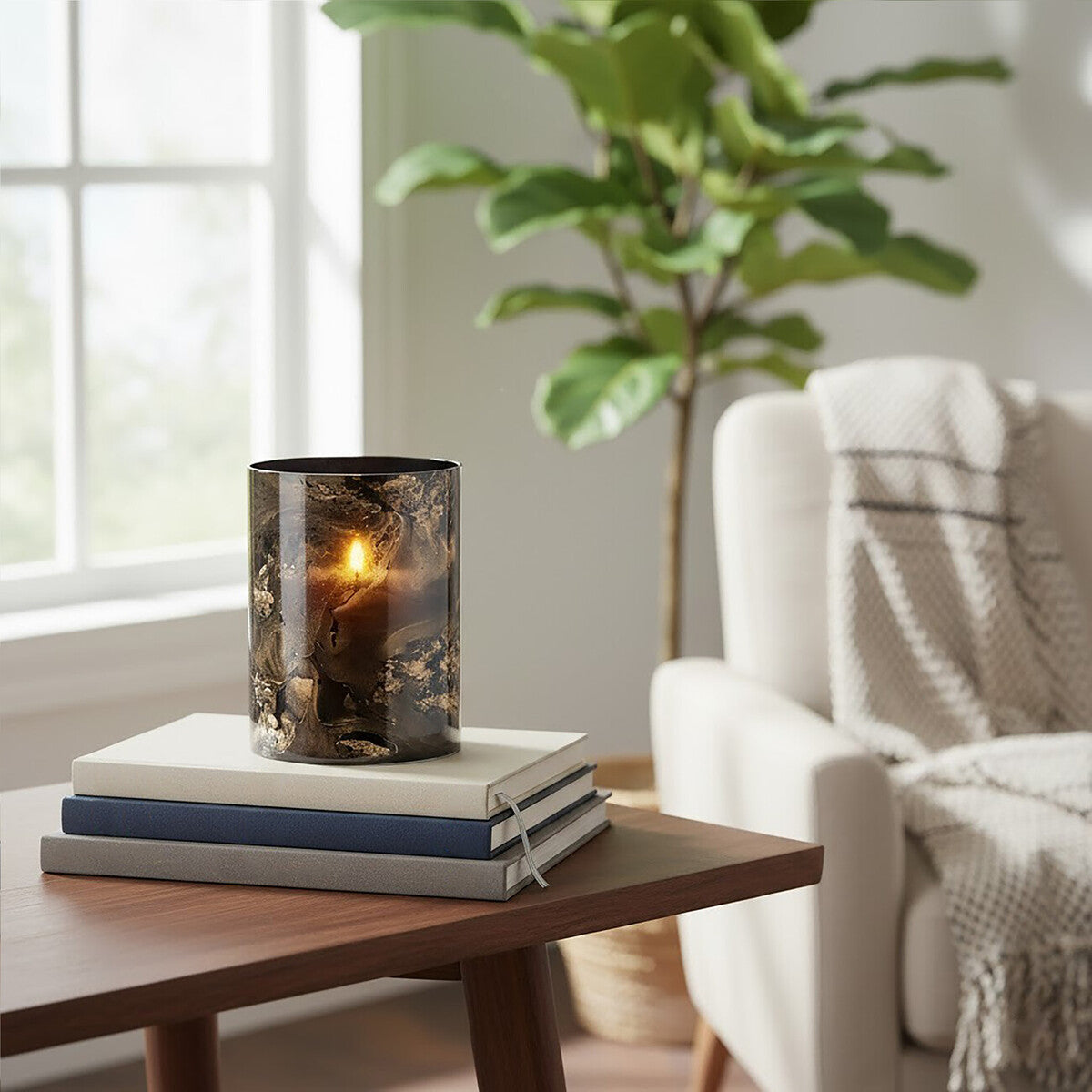 Orsina Gaia Black and Gold Marble Effect Glass Small Candle Holder