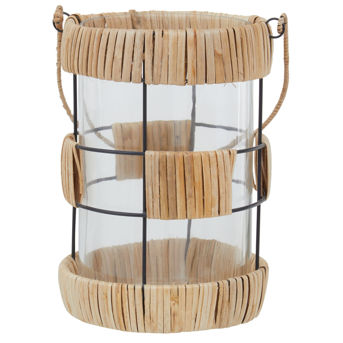 Orsina Kuta Large Rattan and Black Wire Lantern with Glass Insert