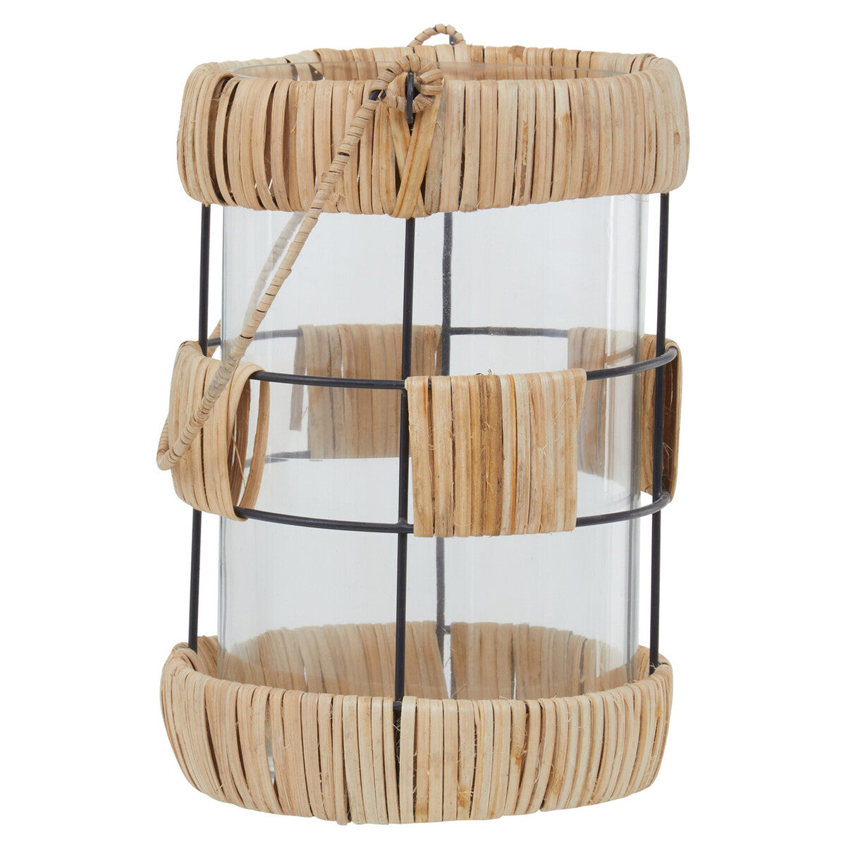 Orsina Kuta Large Rattan and Black Wire Lantern with Glass Insert