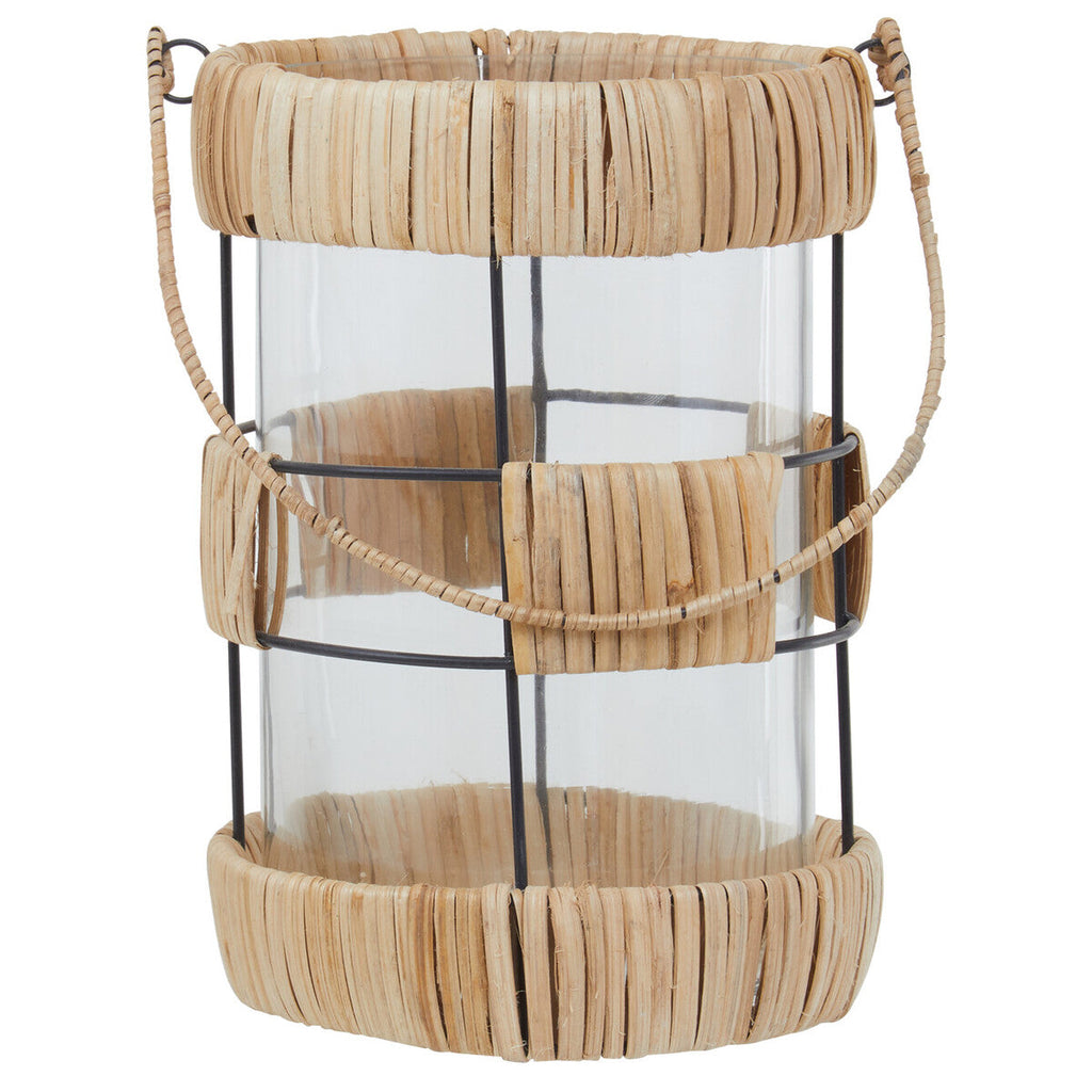 Orsina Kuta Large Rattan and Black Wire Lantern with Glass Insert