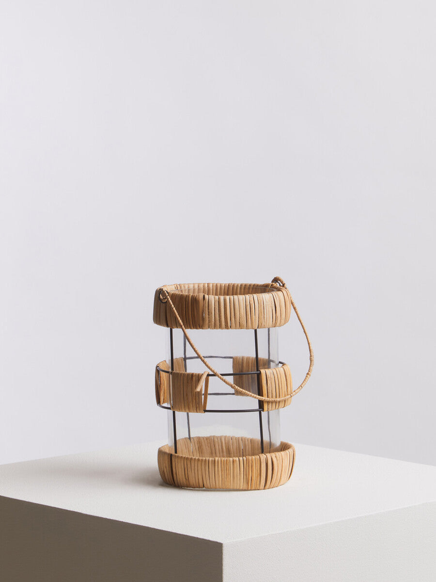 Orsina Kuta Large Rattan and Black Wire Lantern with Glass Insert