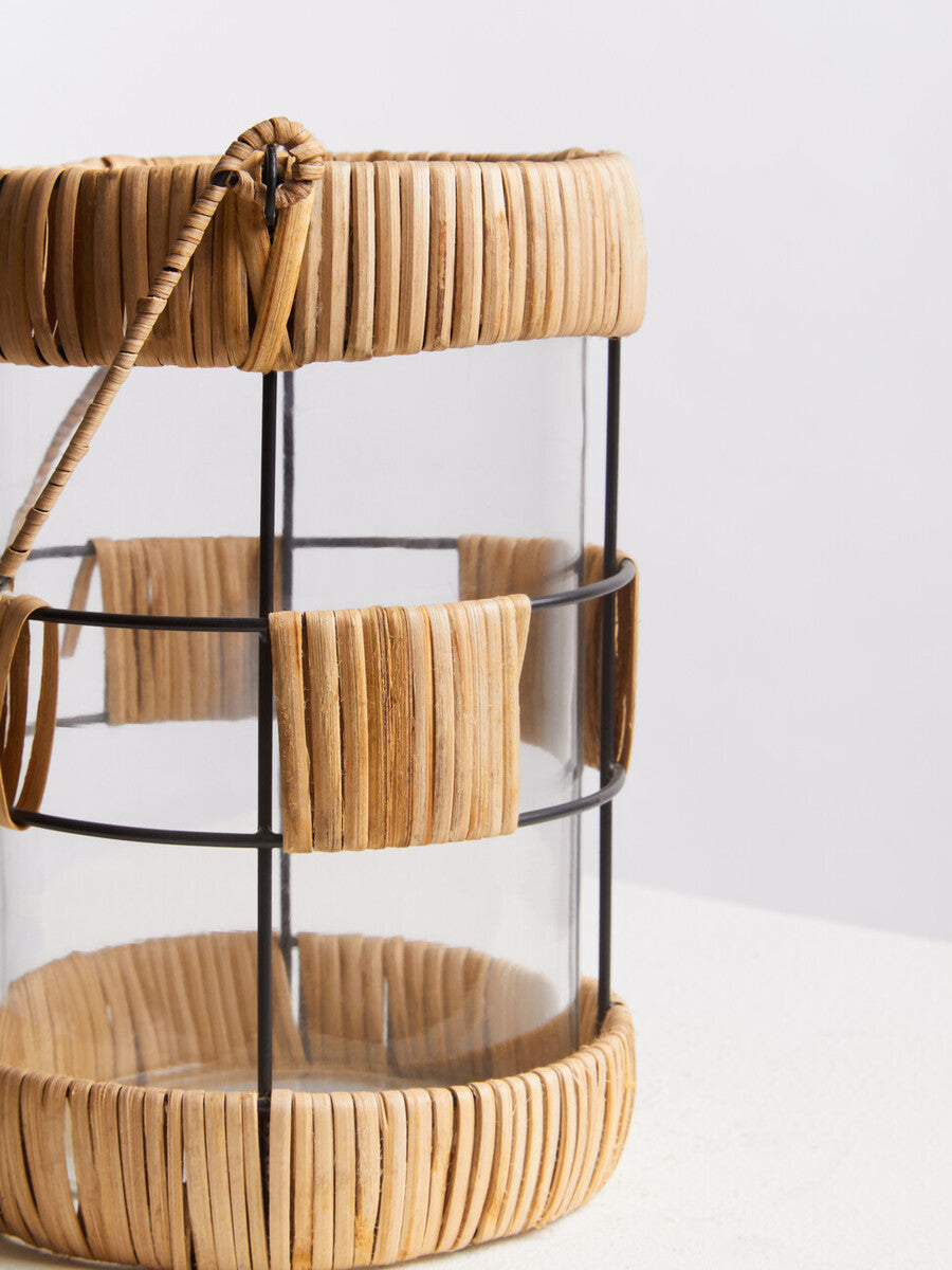 Orsina Kuta Large Rattan and Black Wire Lantern with Glass Insert