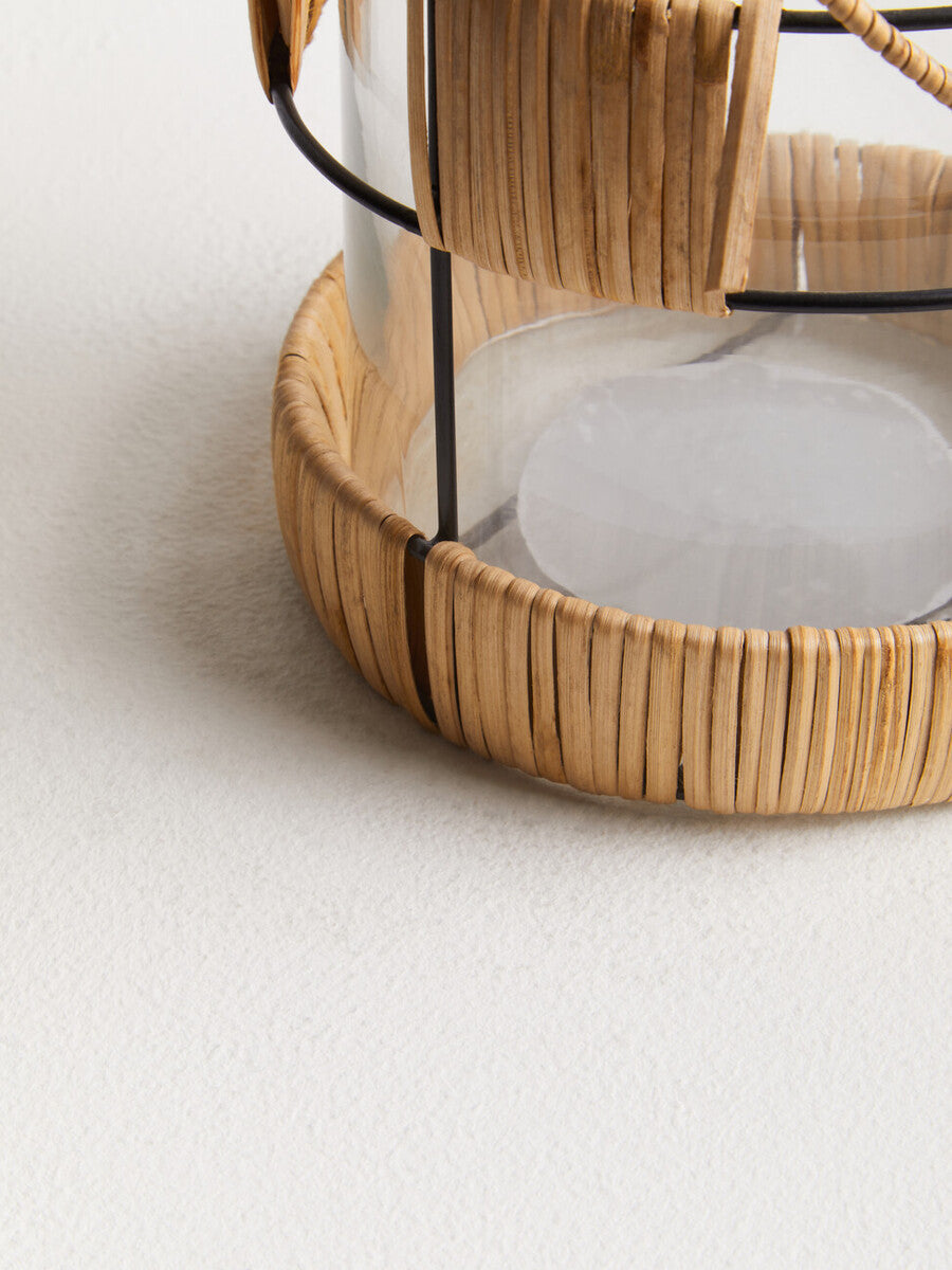 Orsina Kuta Large Rattan and Black Wire Lantern with Glass Insert
