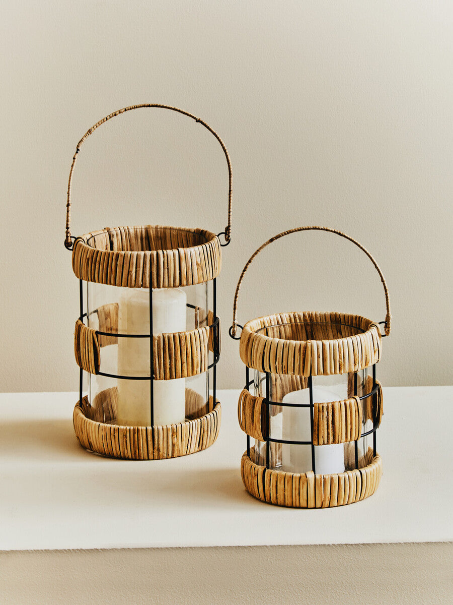Orsina Kuta Large Rattan and Black Wire Lantern with Glass Insert