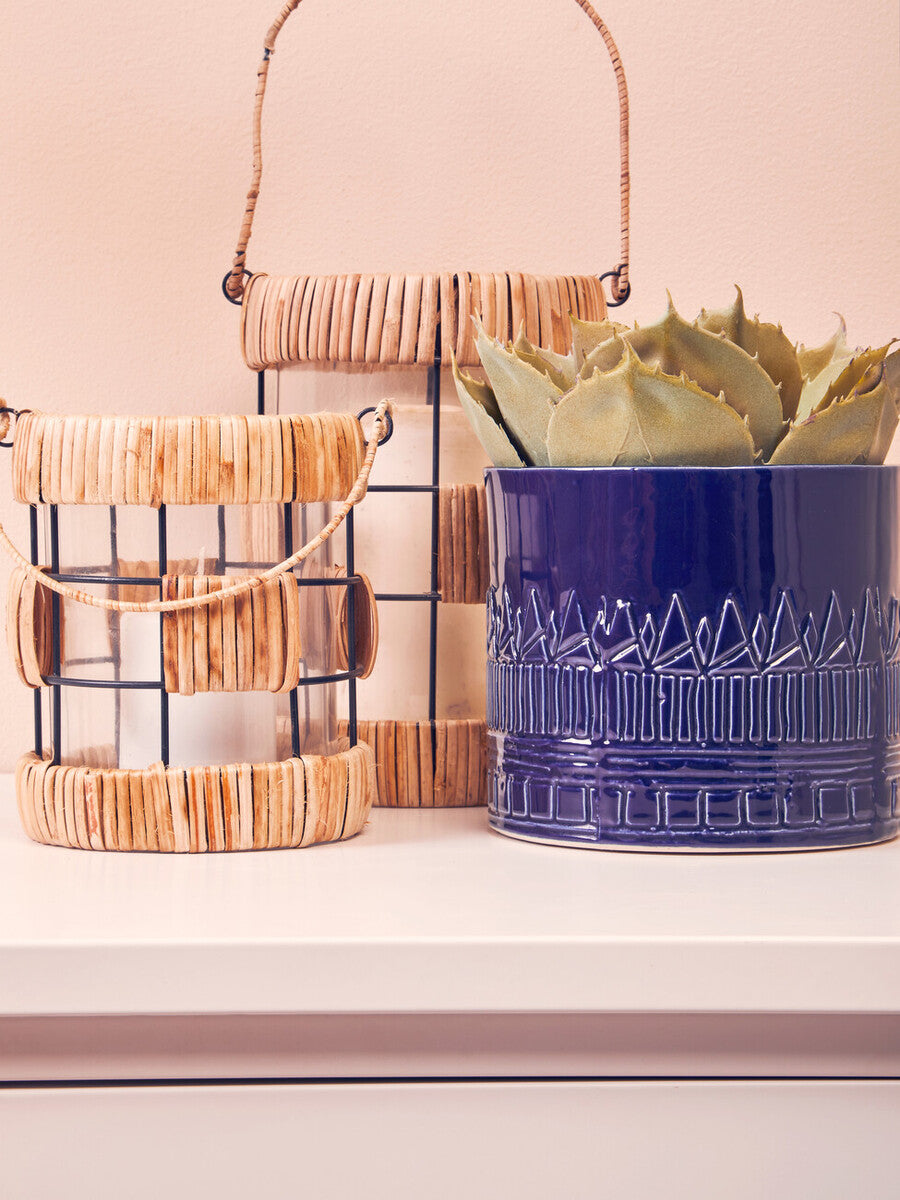 Orsina Kuta Large Rattan and Black Wire Lantern with Glass Insert