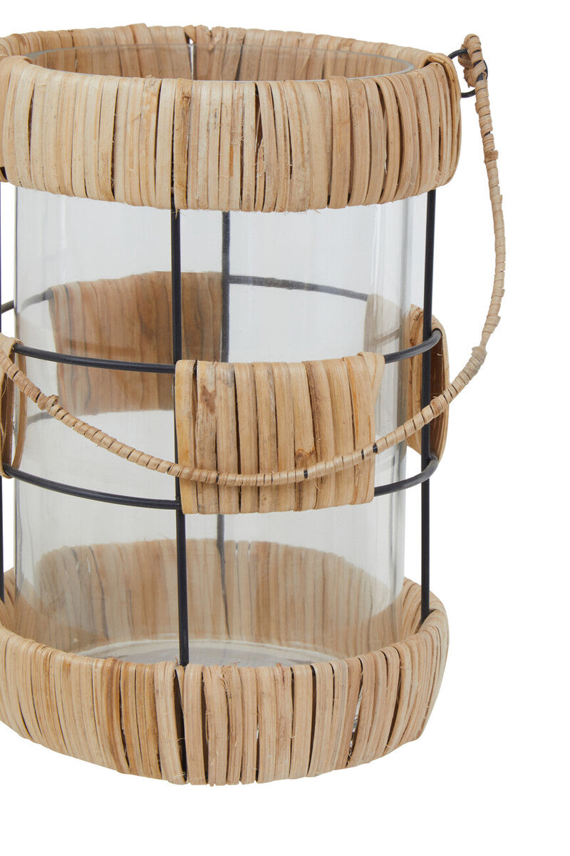 Orsina Kuta Large Rattan and Black Wire Lantern with Glass Insert
