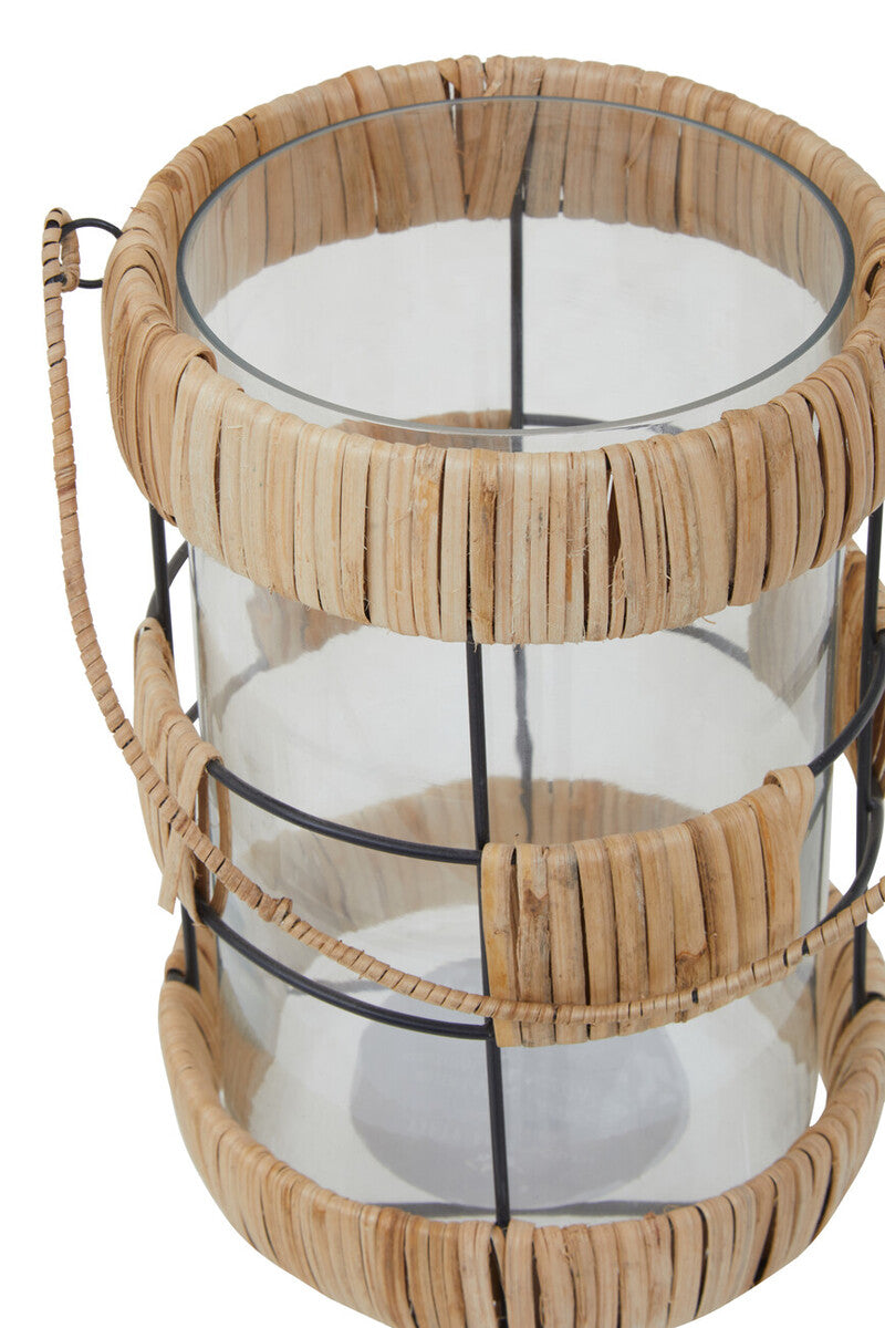 Orsina Kuta Large Rattan and Black Wire Lantern with Glass Insert