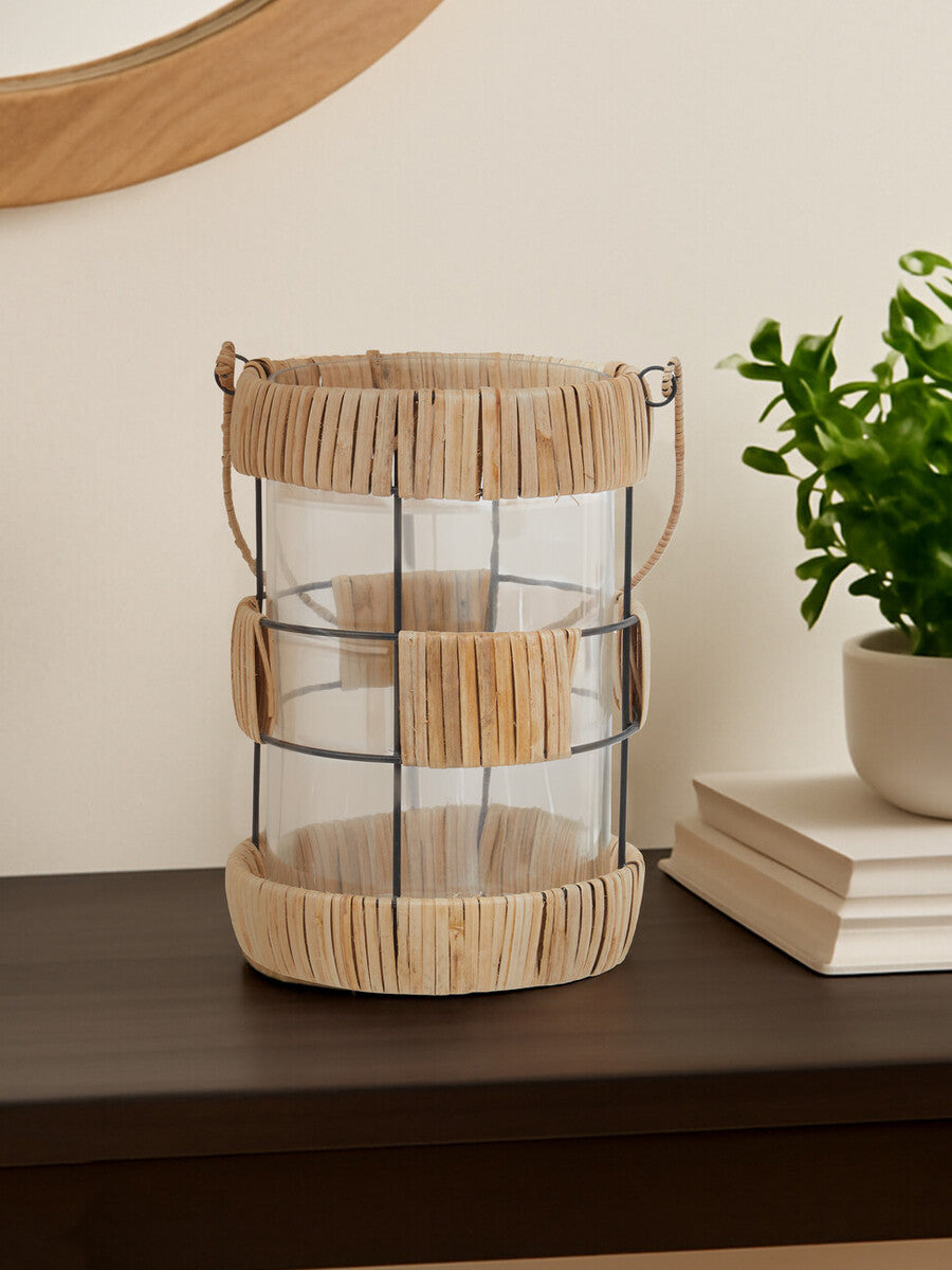 Orsina Kuta Large Rattan and Black Wire Lantern with Glass Insert