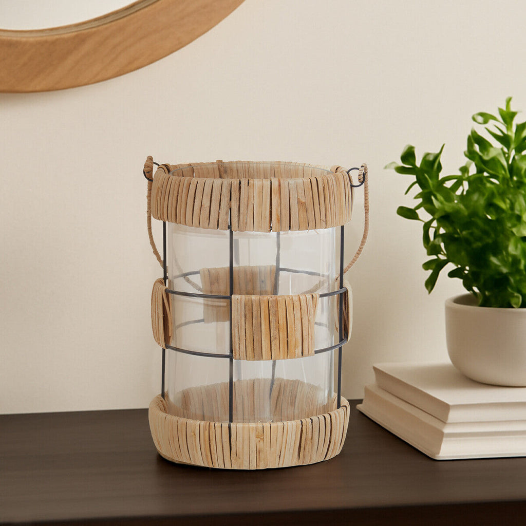 Orsina Kuta Large Rattan and Black Wire Lantern with Glass Insert