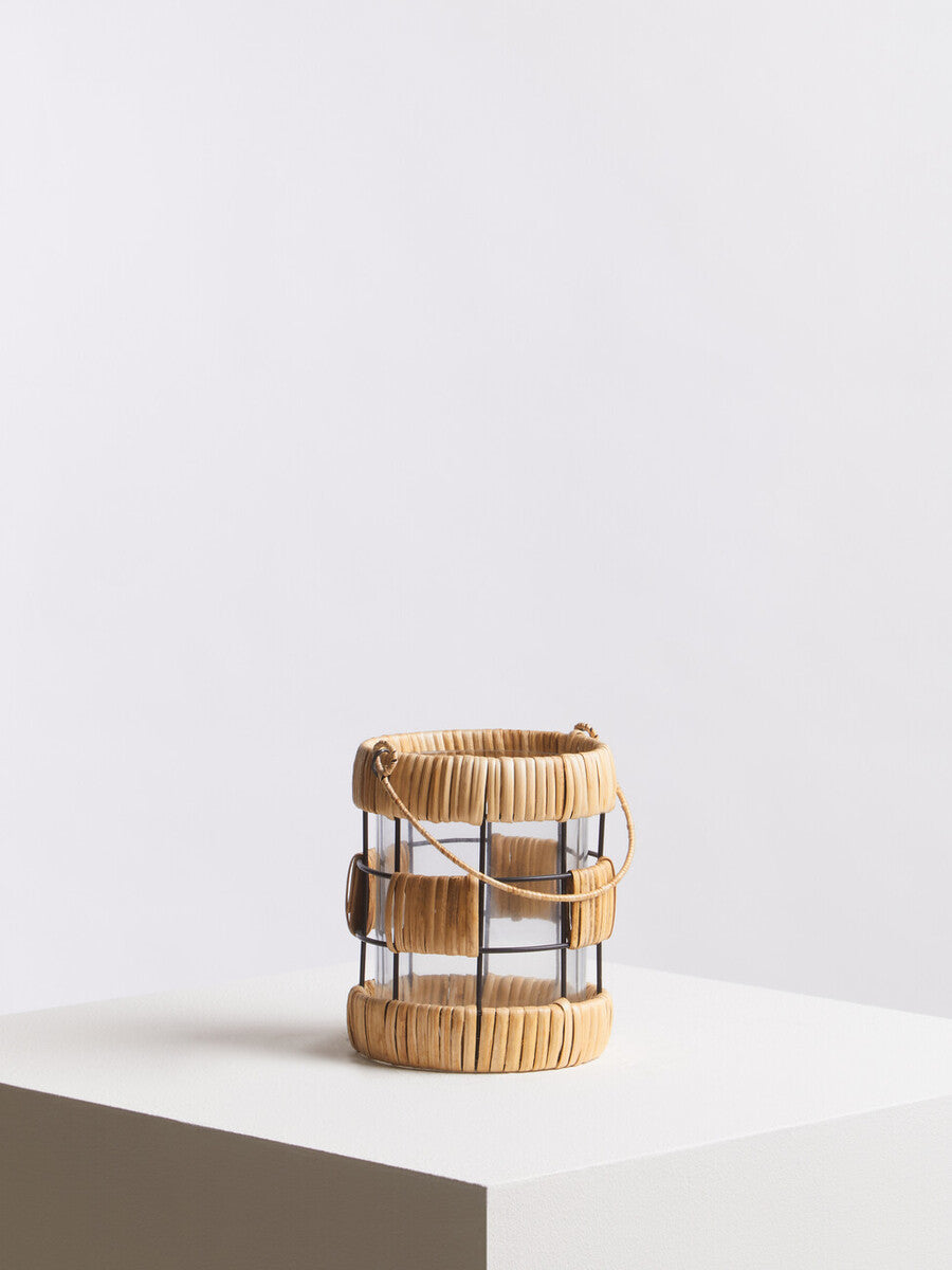 Orsina Kuta Small Rattan and Iron Lantern – Coastal Black & Natural