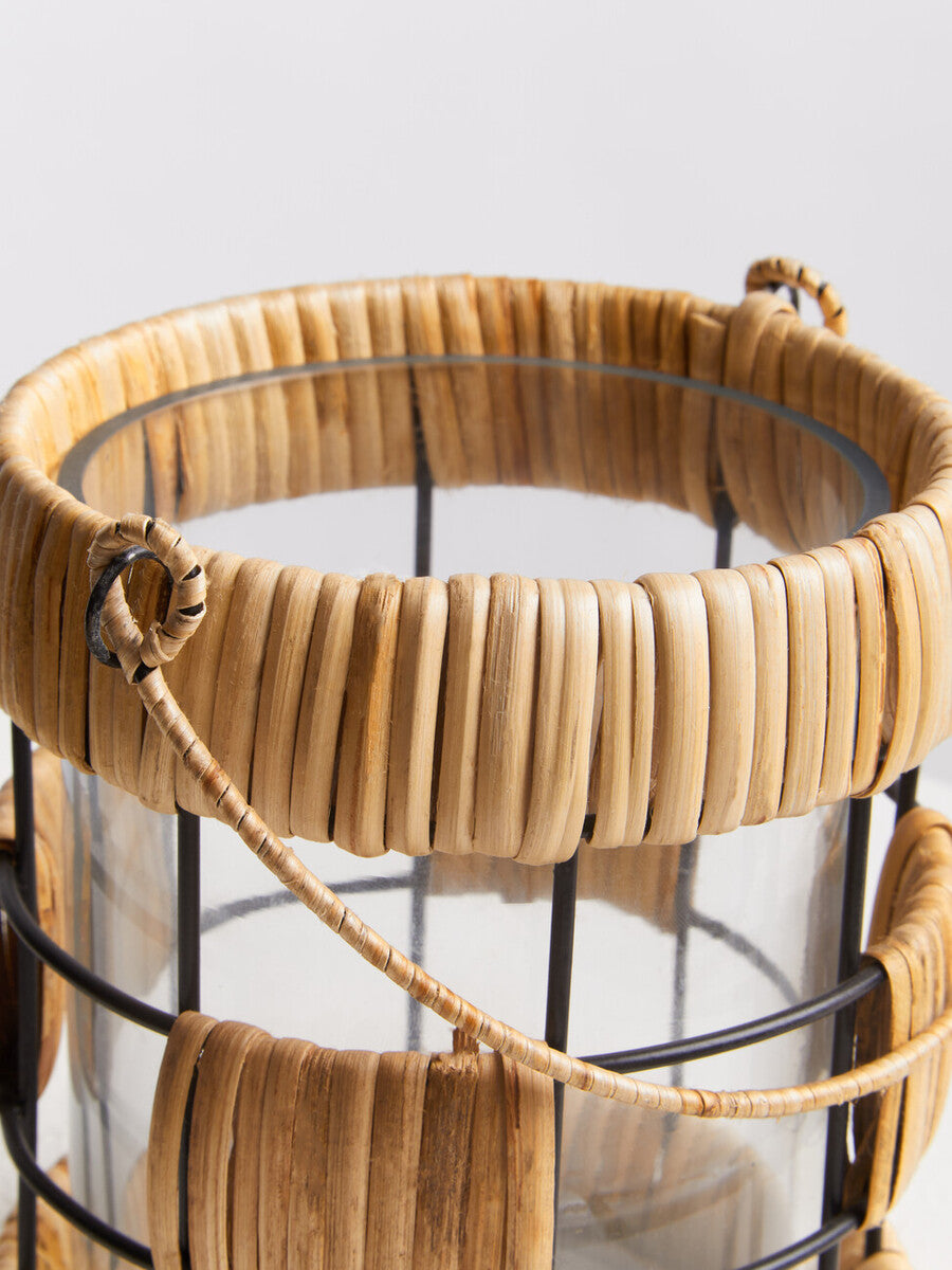 Orsina Kuta Small Rattan and Iron Lantern – Coastal Black & Natural