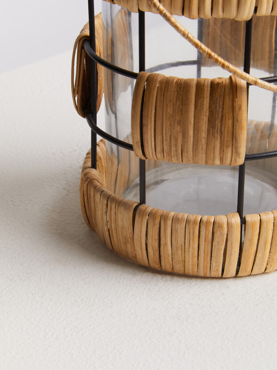 Orsina Kuta Small Rattan and Iron Lantern – Coastal Black & Natural