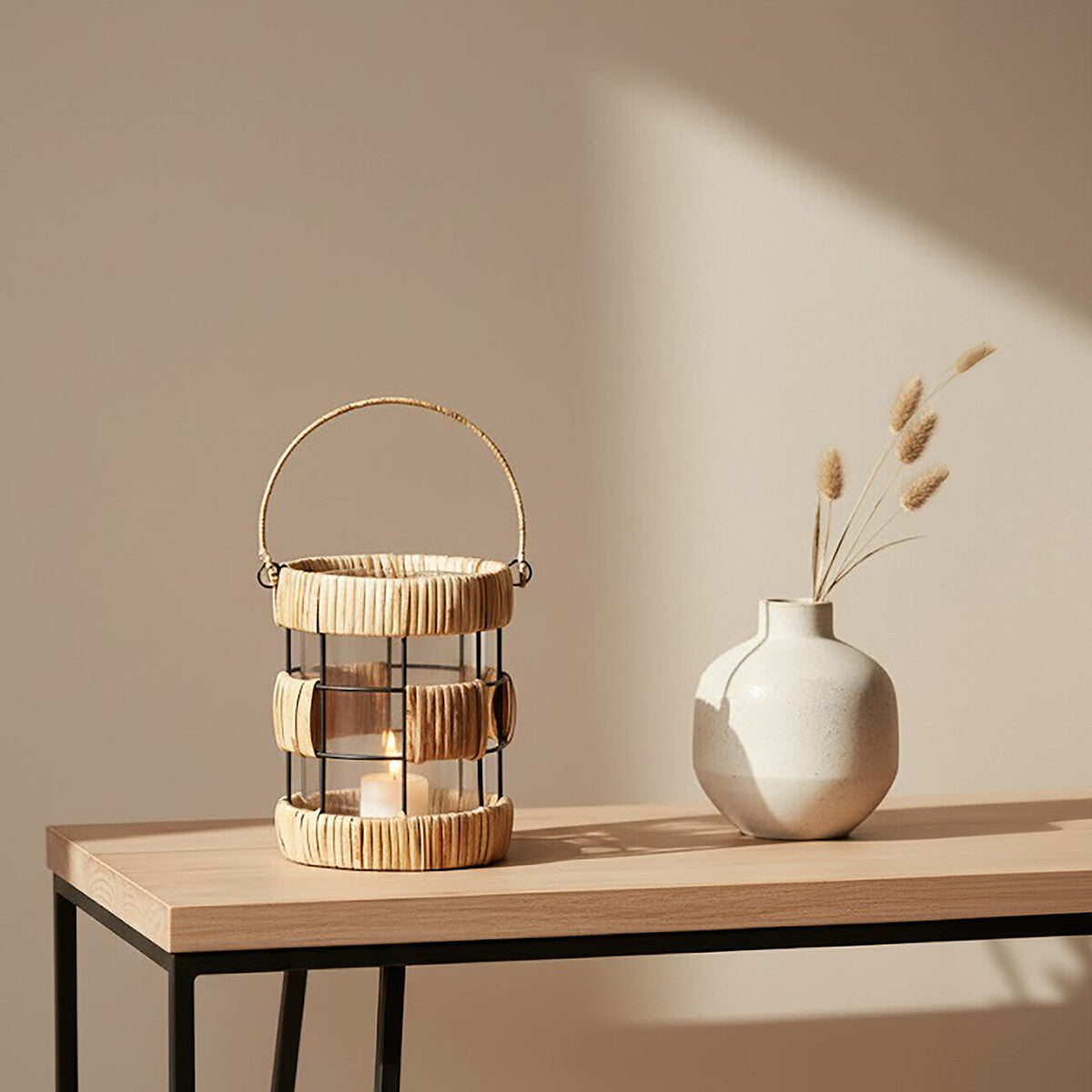 Orsina Kuta Small Rattan and Iron Lantern – Coastal Black & Natural