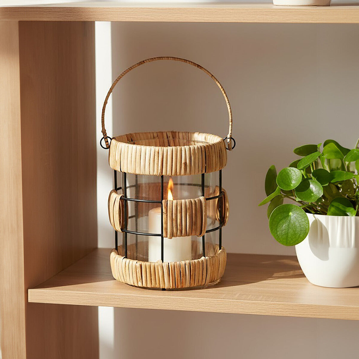Orsina Kuta Small Rattan and Iron Lantern – Coastal Black & Natural