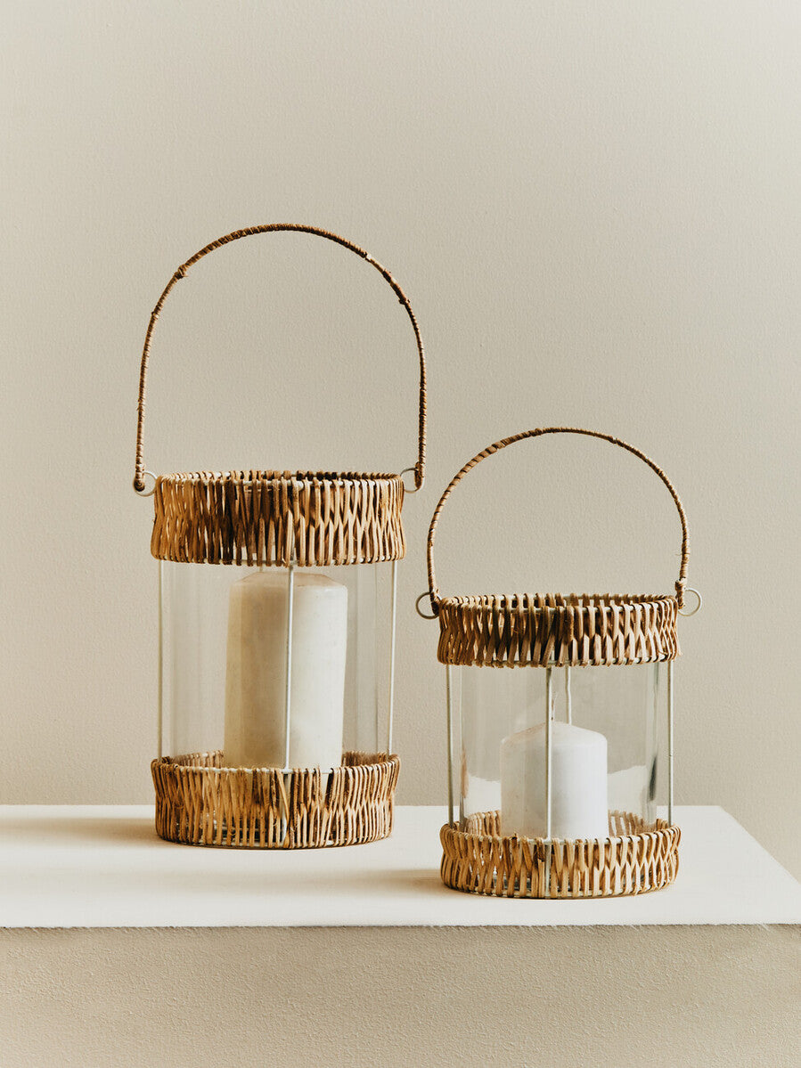 Orsina Kuta Small Rattan and White Wire Lantern with Rope Handle