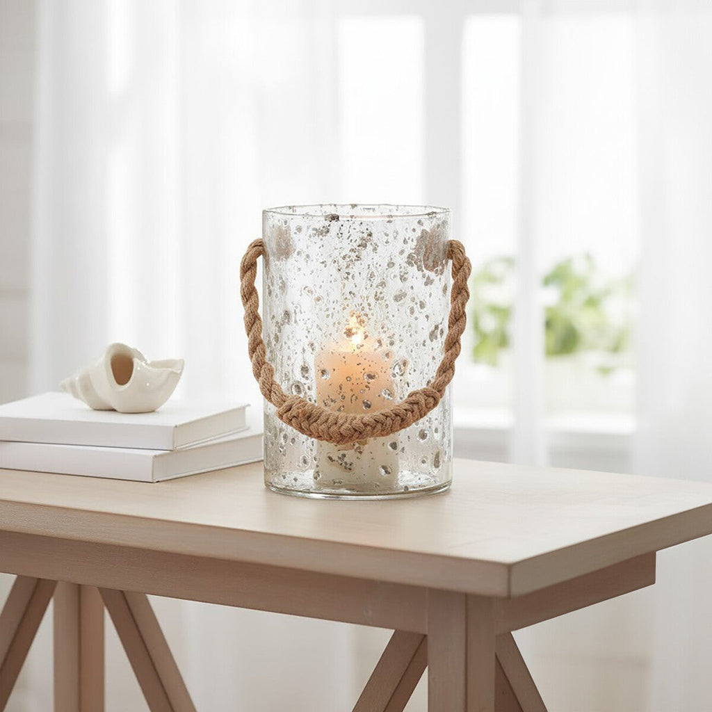 Orsina Kuta Large Natural Rope & Textured Glass Decorative Lantern