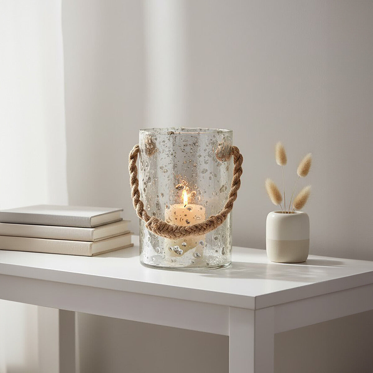 Orsina Kuta Large Natural Rope & Textured Glass Decorative Lantern