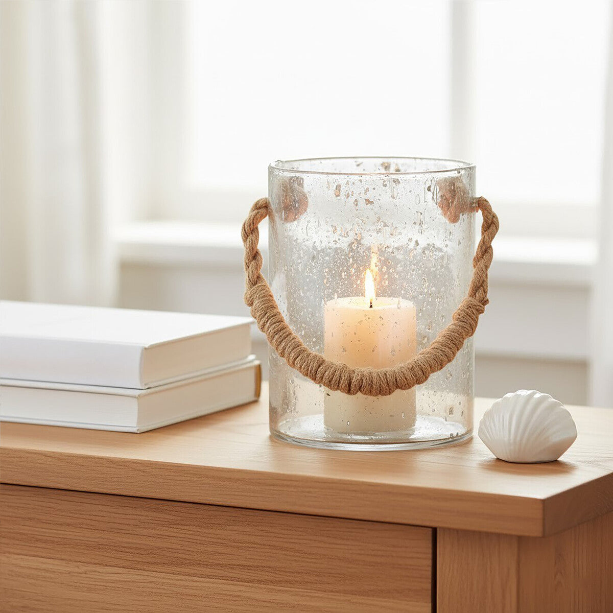 Orsina Kuta Natural Rope Glass Lantern – Medium Coastal Table Centerpiece
