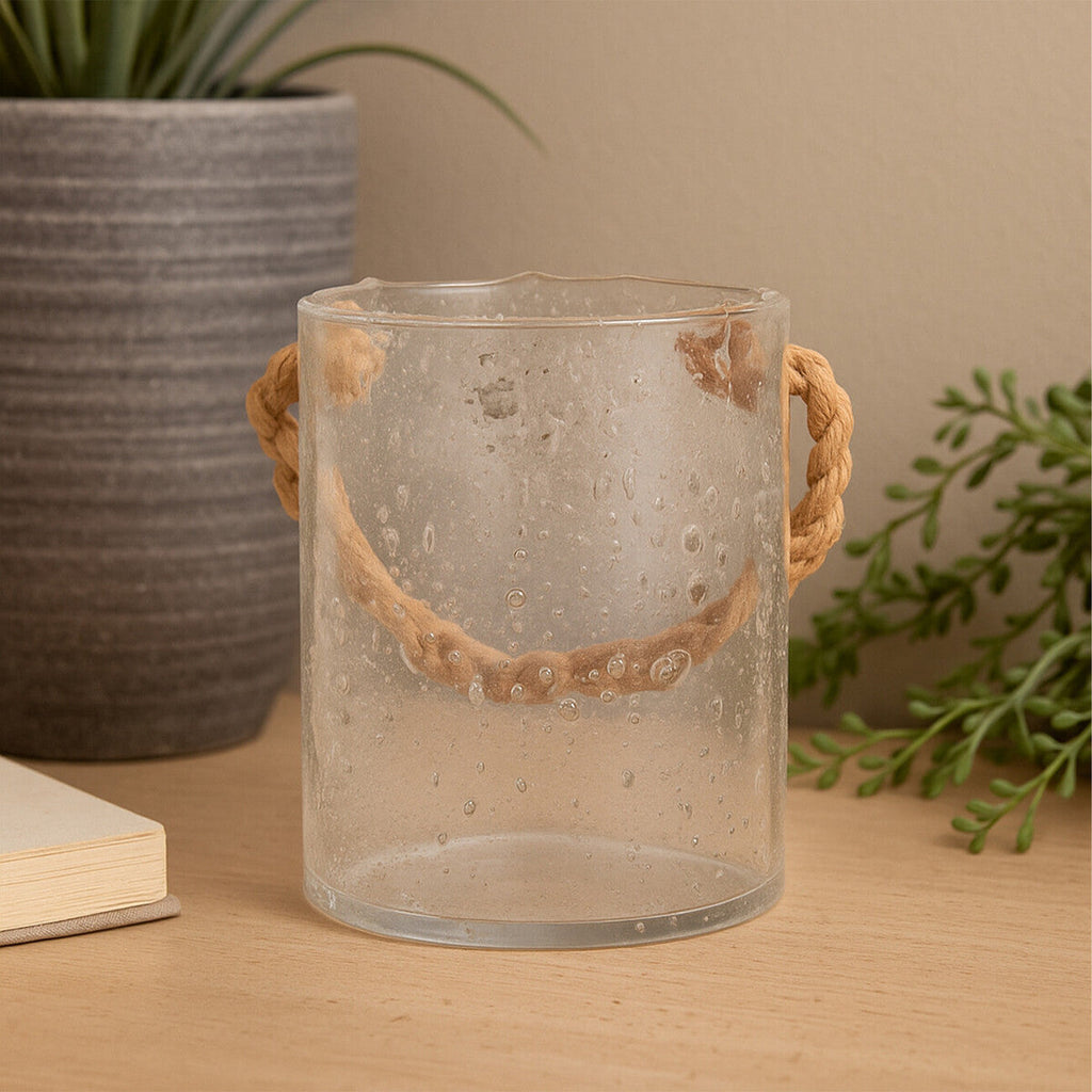 Orsina Kuta Natural Rope Glass Lantern – Medium Coastal Table Centerpiece