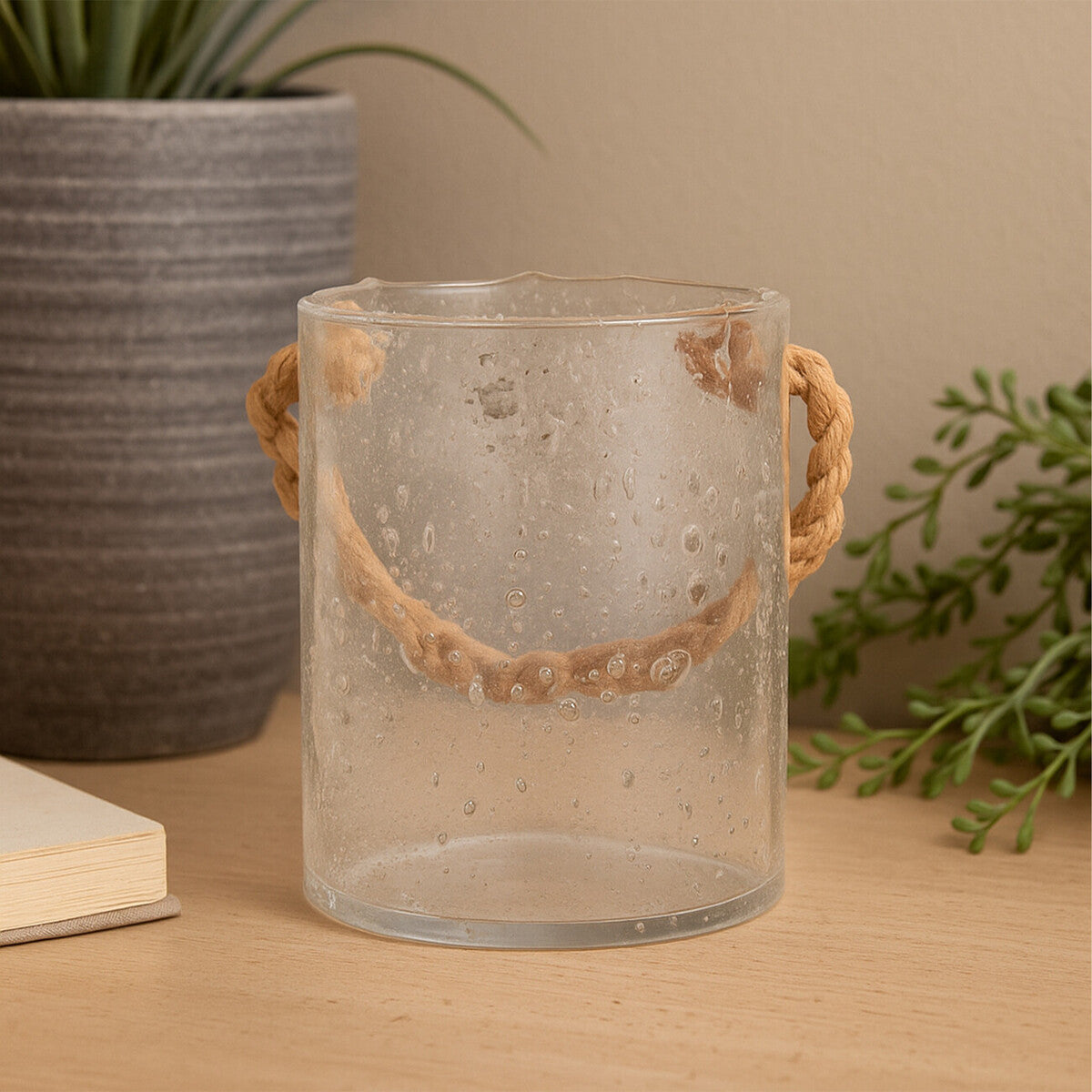 Orsina Kuta Natural Rope Glass Lantern – Medium Coastal Table Centerpiece