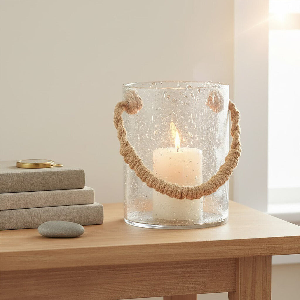 Orsina Kuta Natural Rope Glass Lantern – Medium Coastal Table Centerpiece
