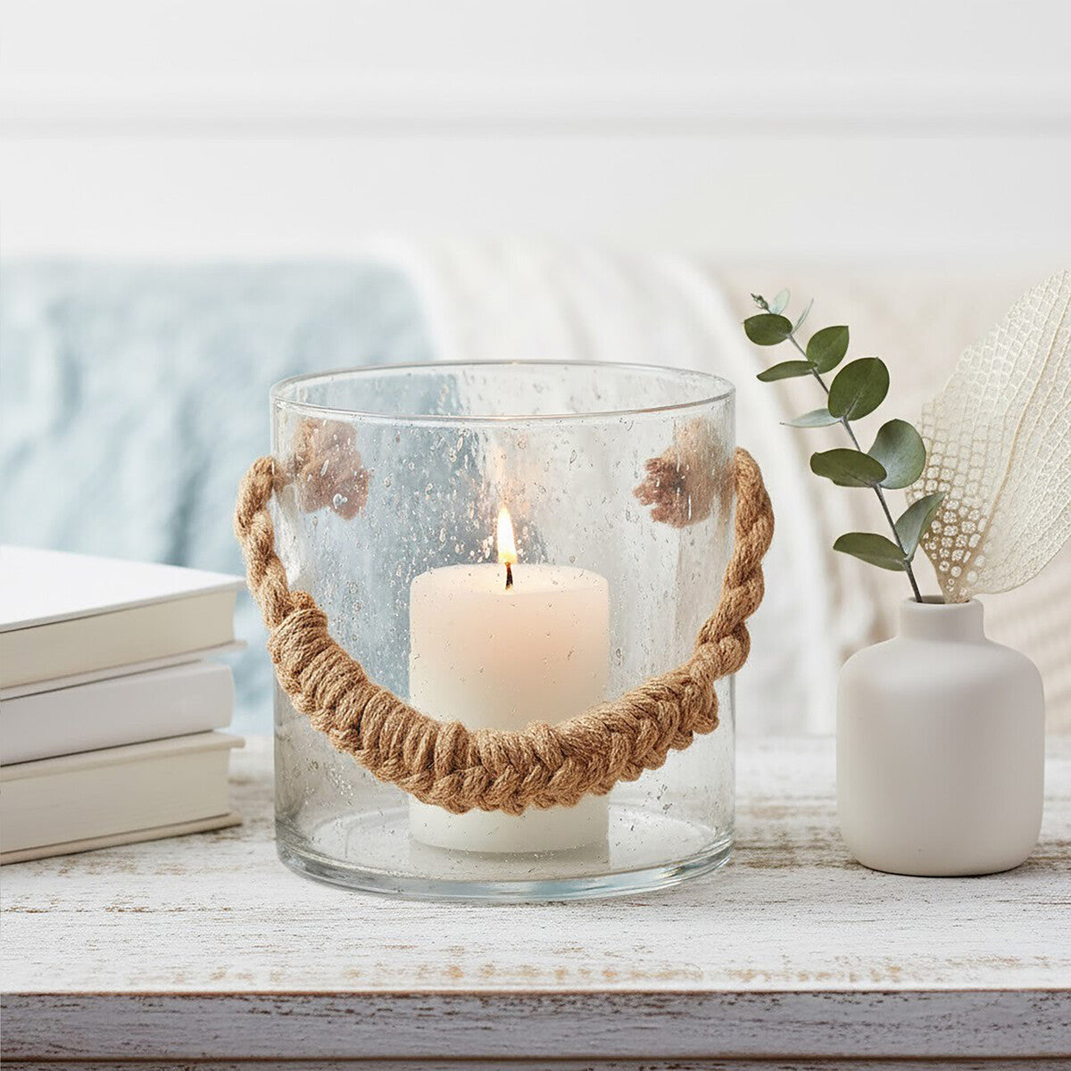 Orsina Kuta Natural Rope Glass Lantern – Handcrafted Boho Table Decor