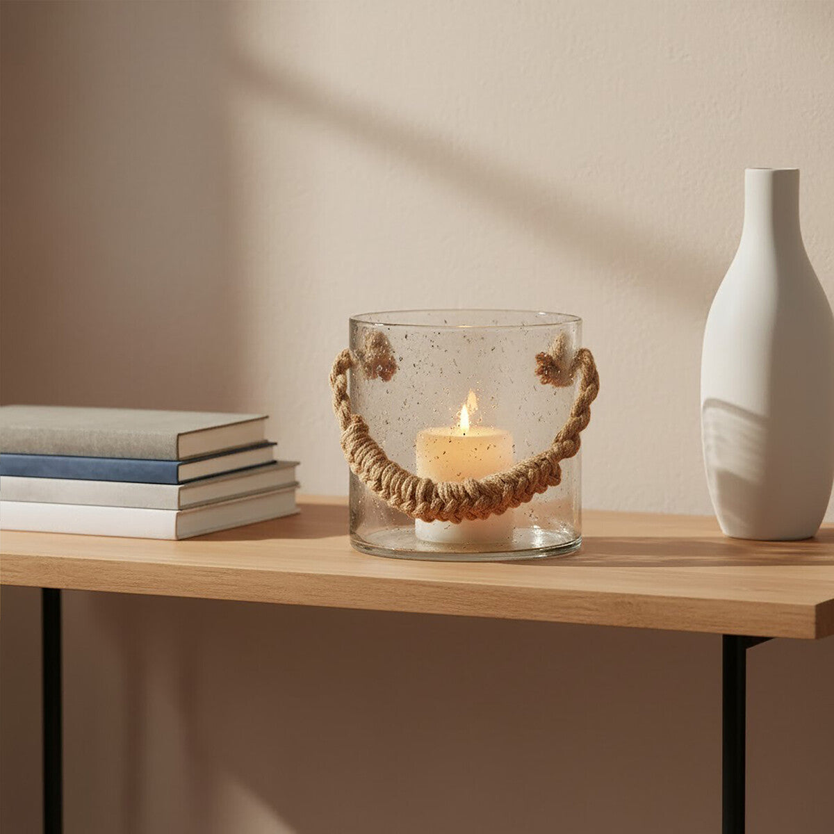 Orsina Kuta Natural Rope Glass Lantern – Handcrafted Boho Table Decor