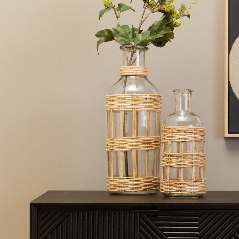 Orsina Kuta Glass Vase – Natural Handwoven Cane Small Bottle Vase