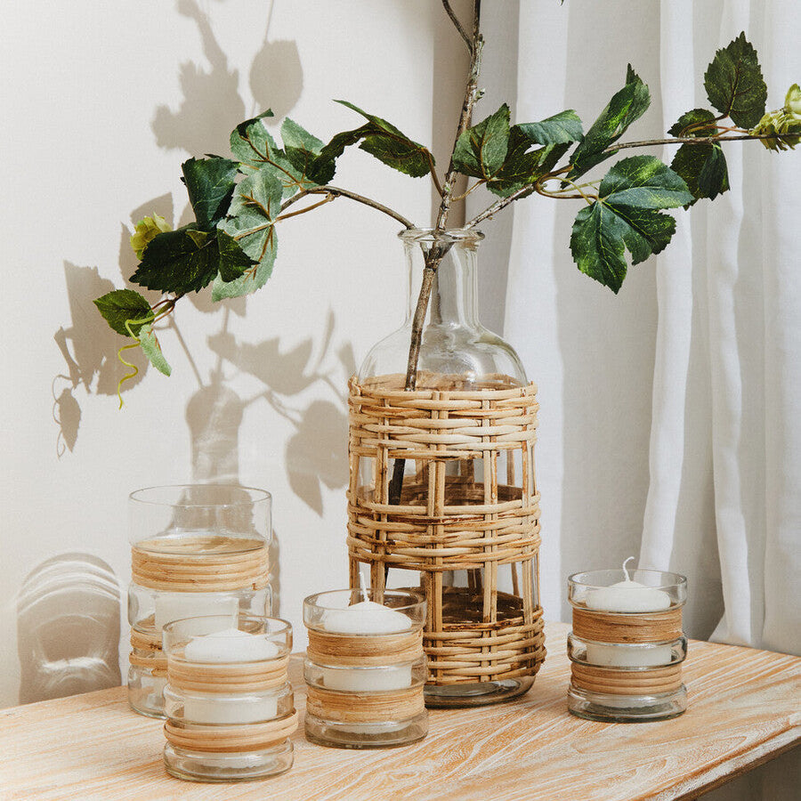 Orsina Kuta Glass Vase – Natural Handwoven Cane Small Bottle Vase