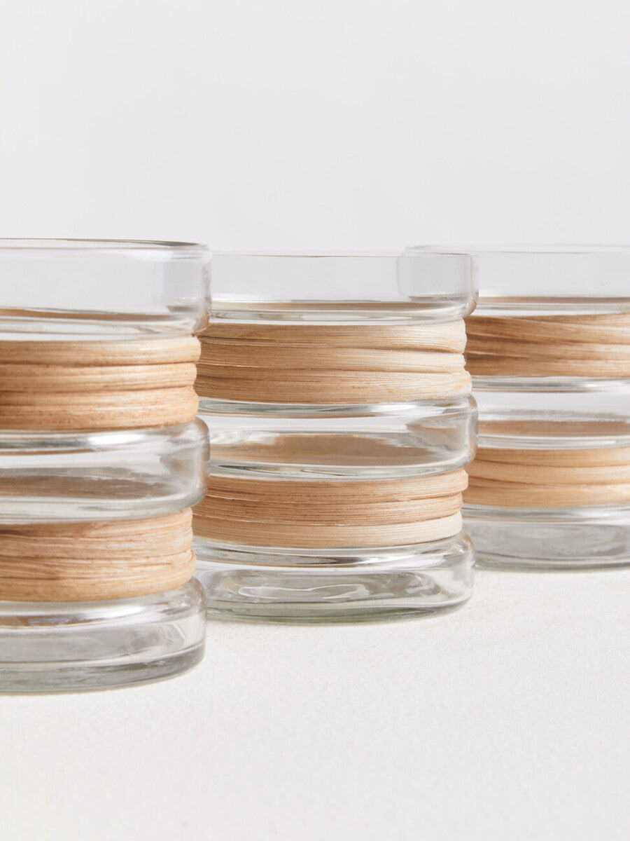 Orsina Kuta Glass Tealight Holders with Natural Cane - Set of 3