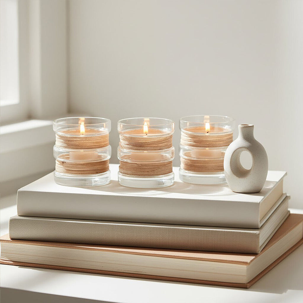 Orsina Kuta Glass Tealight Holders with Natural Cane - Set of 3