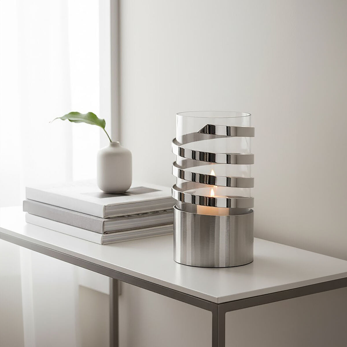 Orsina Amreli Silver Metal Hurricane Candle Holder – Small Spiral Design