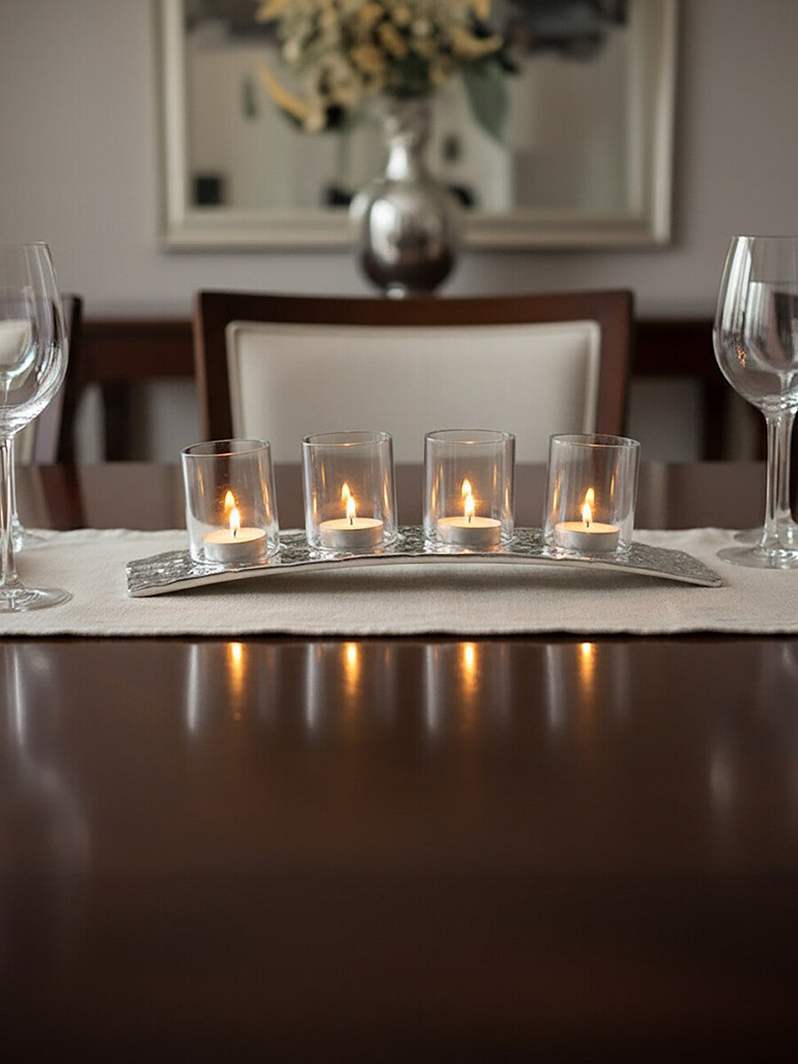 Orsina Akola Silver Curved 4 Tealight Holder | Modern Table Centerpiece