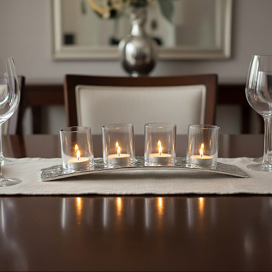 Orsina Akola Silver Curved 4 Tealight Holder | Modern Table Centerpiece