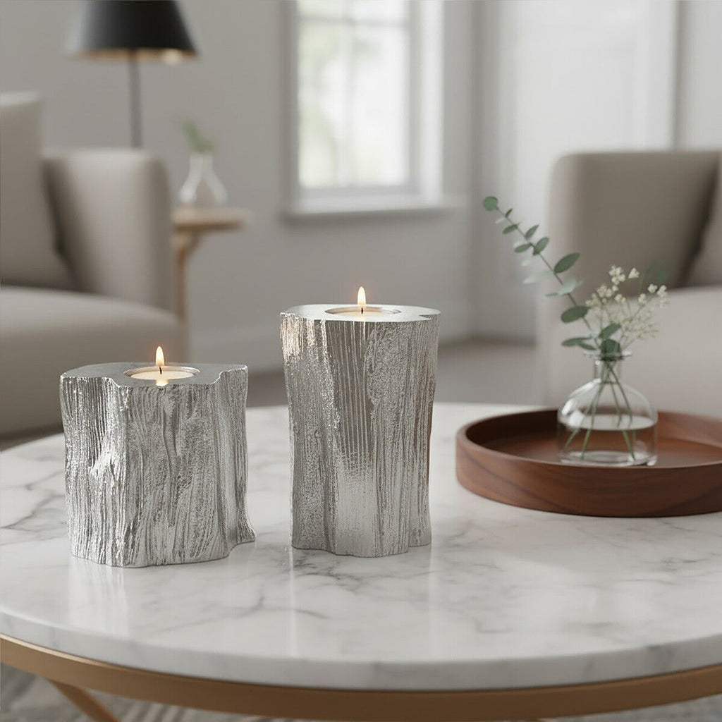 Orsina Akola Silver Tealight Holders – Set of 2 Modern Metal Decor