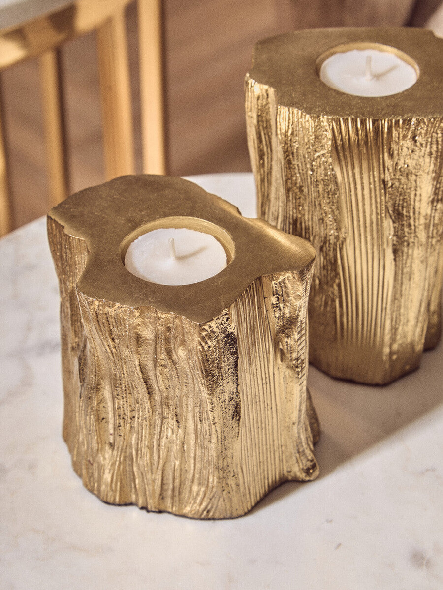 Orsina Akola Gold Tealight Holders – Set of 2 Trunk-Inspired Decor